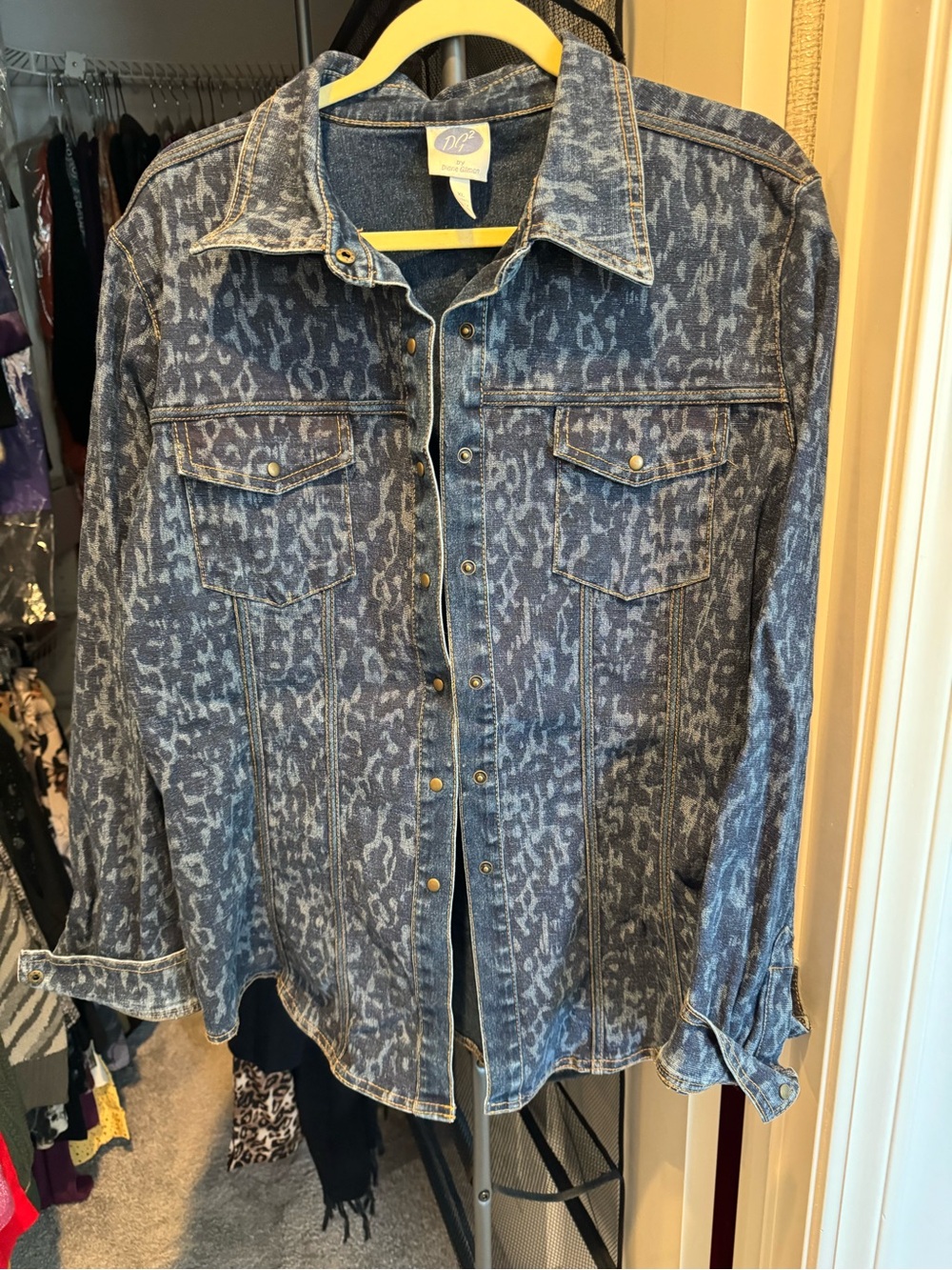 Denim Leopard-Print Button-Front Jacket - Blue